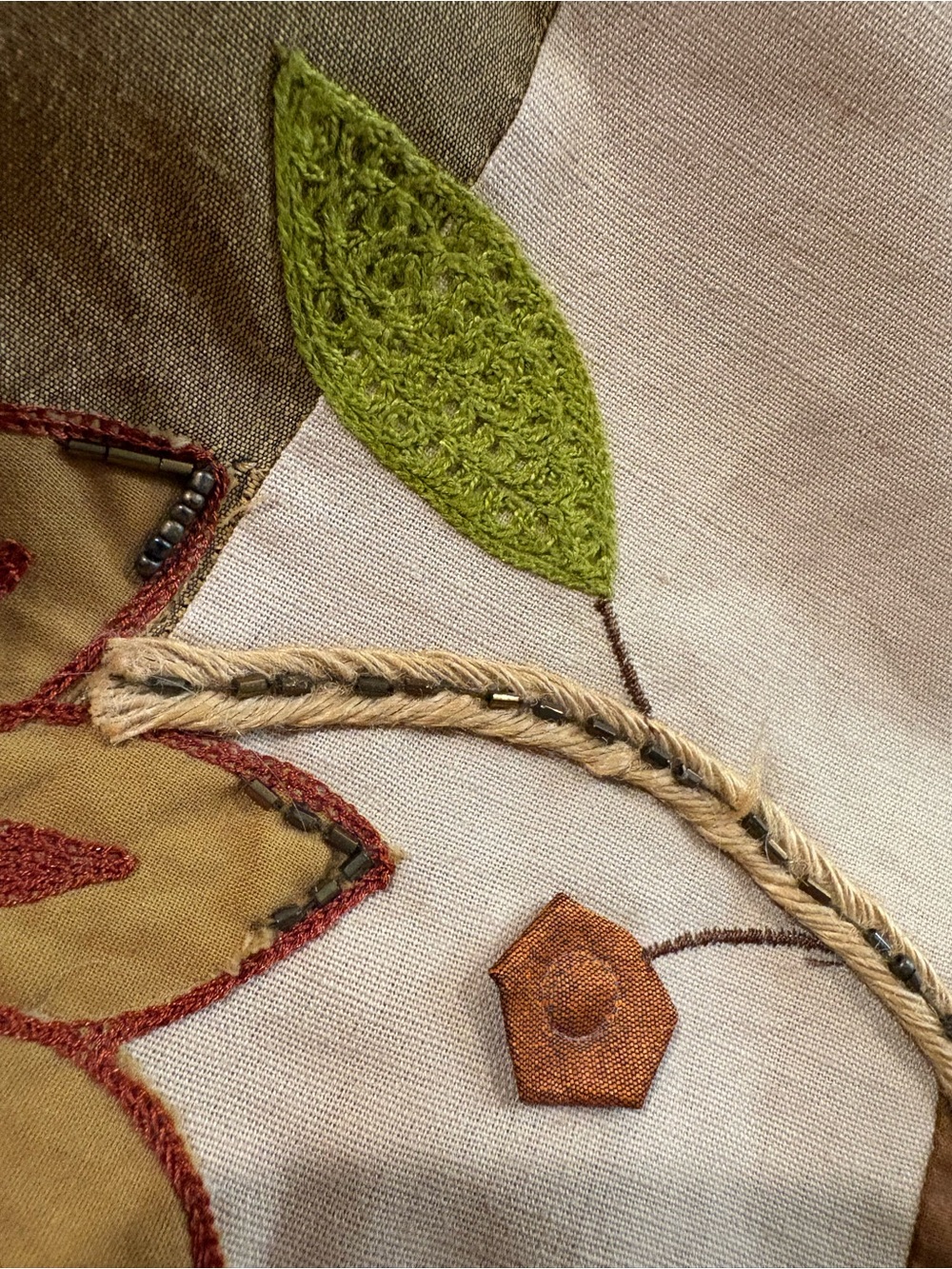 Pier 1 Striped Floral Table Runner in Brown green orange and Cream beads embroid - Picture 10 of 11